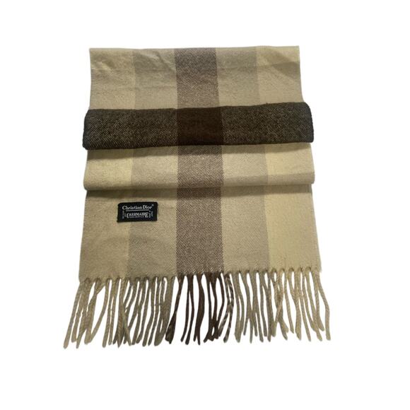 Vintage Christian Dior Wool Plaid Scarf Beige Brown Check Japan - Picture 1 of 5